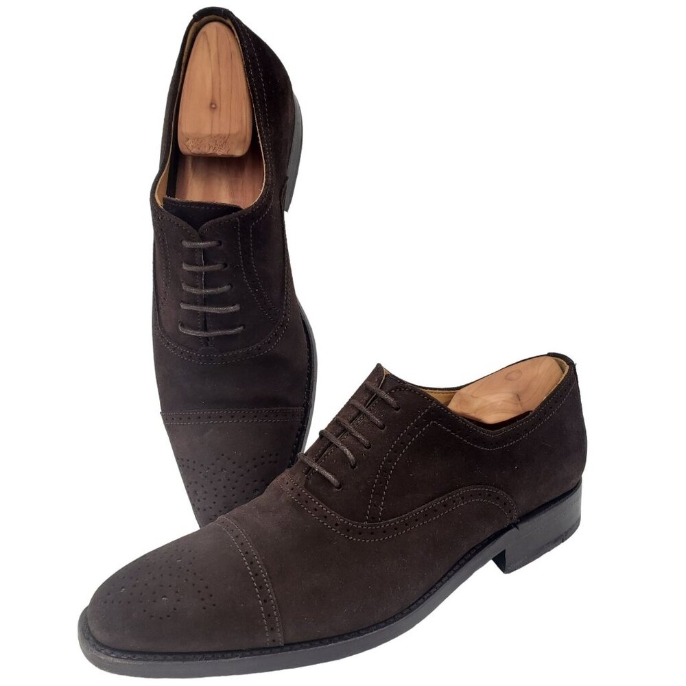 UK England Finsbury Dress Shoes Men's 6.5 Brown Suede Leather Cap-toe Oxfords - Picture 8 of 13